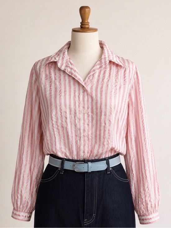 all hours Tops - Vintage 80’s -All Hours - pink & white silky polyester top- button down- M